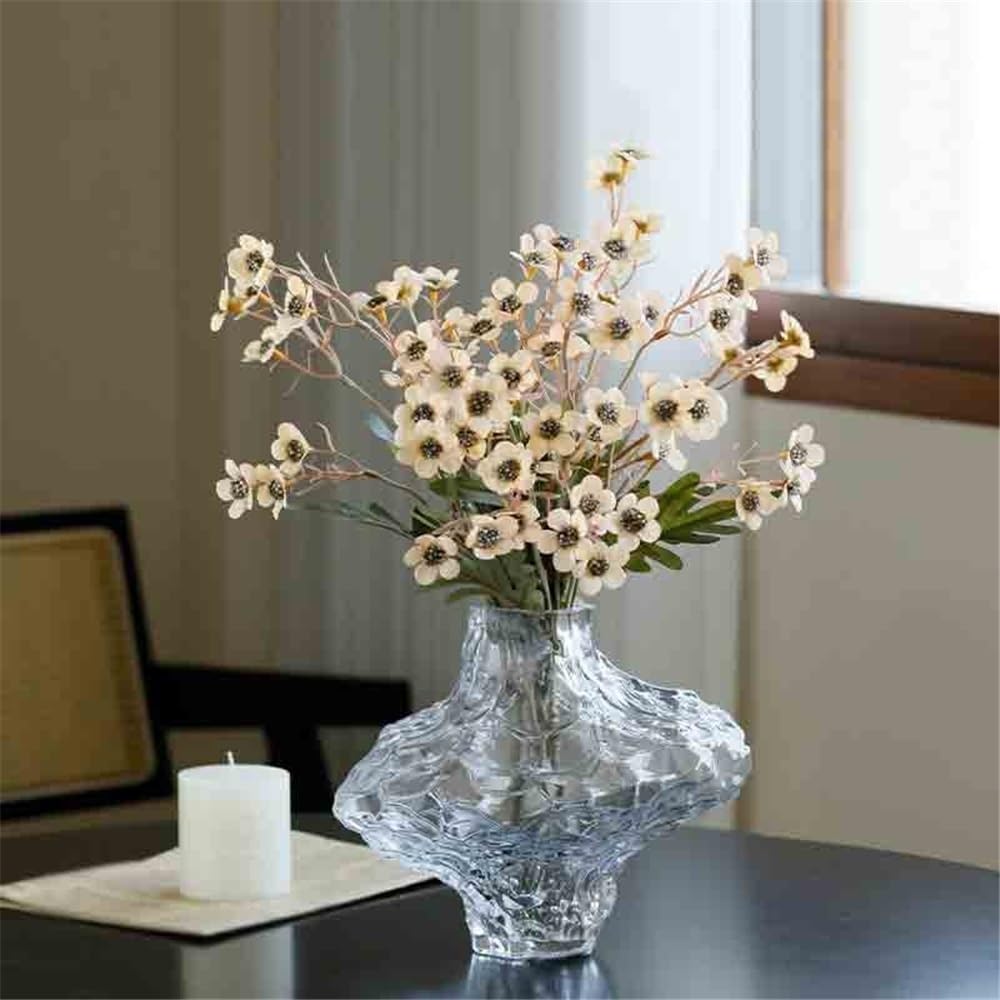 Flores Artificiales Arreglo Floral de simulación de ciruelas Blancas pequeñas con jarrón de Cristal for Mesa de Sala de Estar. Salón
