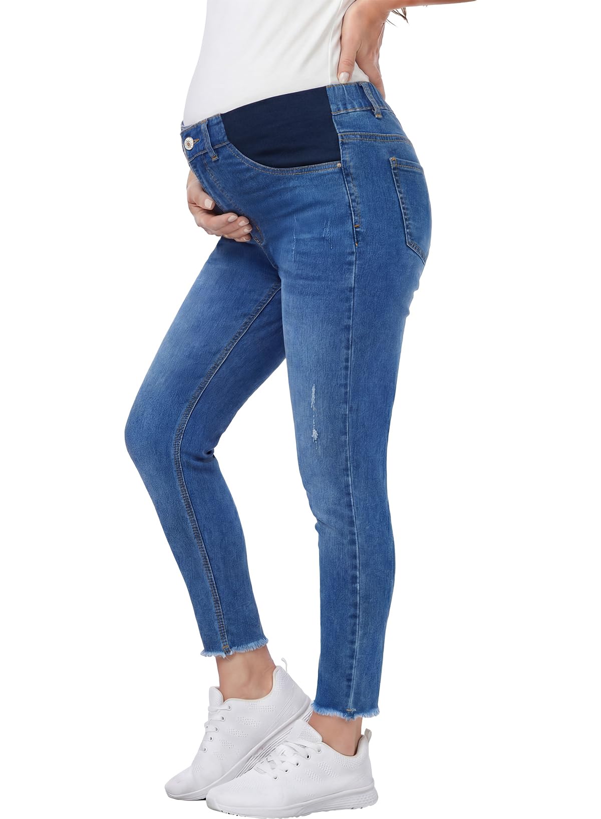 BLENCOT Maternity Skinny Jeans for Women Stretchy High Waisted Ripped Pregnancy Denim Pants with Raw Hem