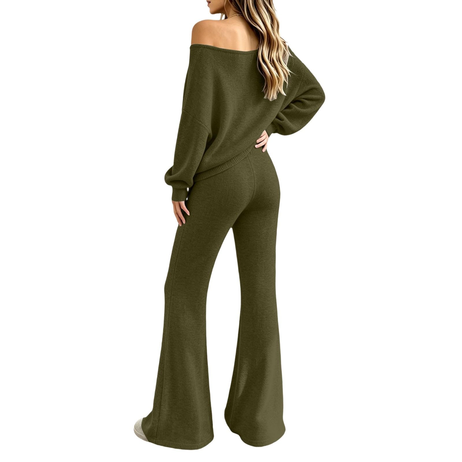 Tuta da donna elegante, 2 pezzi, a maniche lunghe, pantaloni lunghi | Maglione a maglia con scollo rotondo, in tinta unita, con pantaloni dritti, 2 pezzi, per il tempo libero