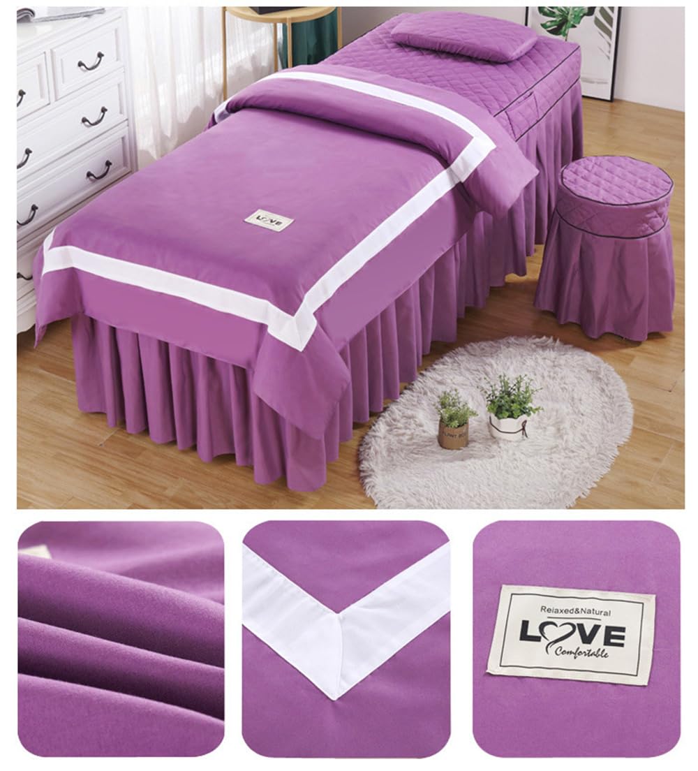 Surwin Juego de Sábanas de Masaje de 4 Piezas, Sencillez Falda De Mesa De Masaje Funda De Cama De Salón Respirable Protector de Cama con Agujero para la Cara (190x80cm,Morado oscuro)
