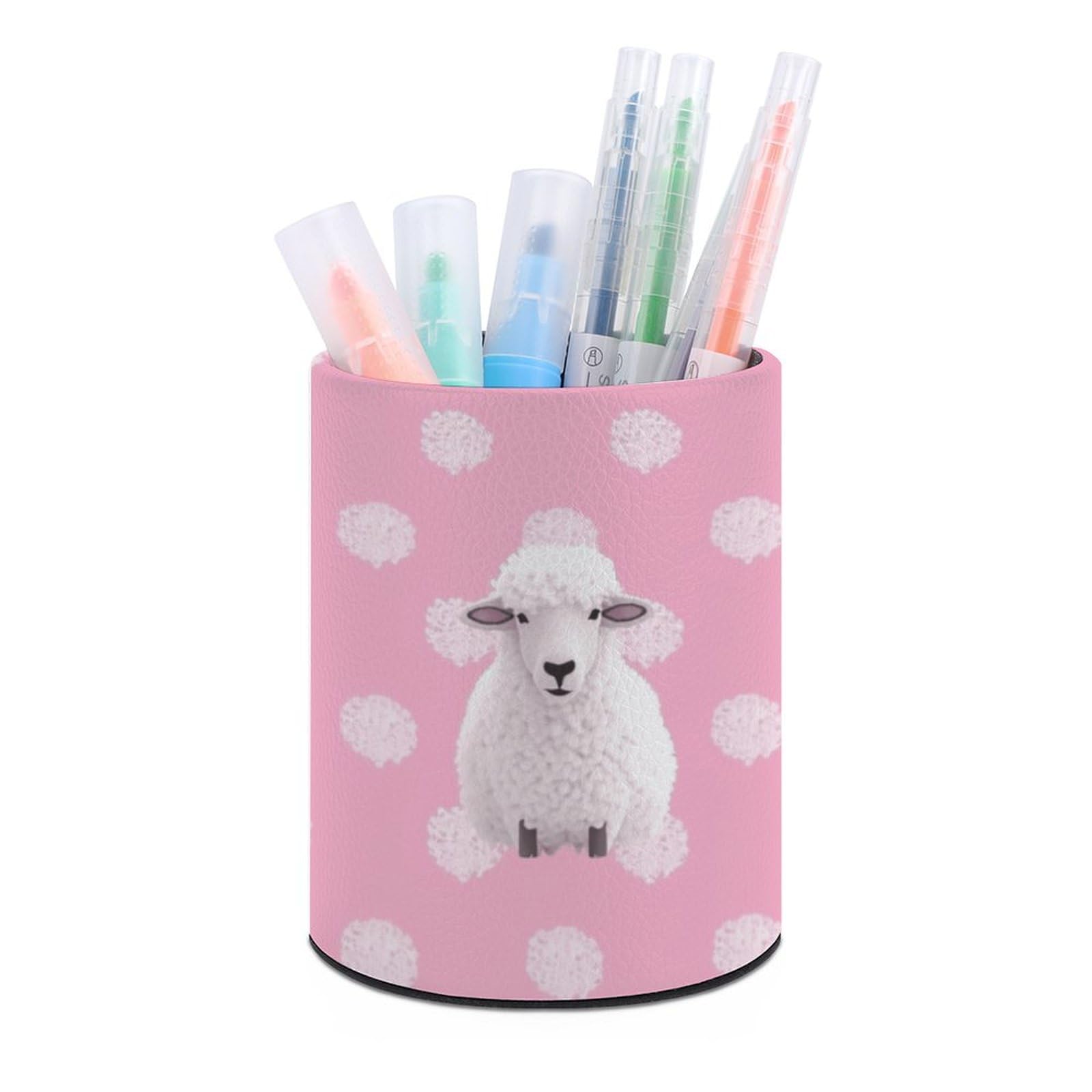 JTREHY Round Pen Holder,White Sheep on Background Printed Makeup Brush Storage Box for Home Office Dressing Table