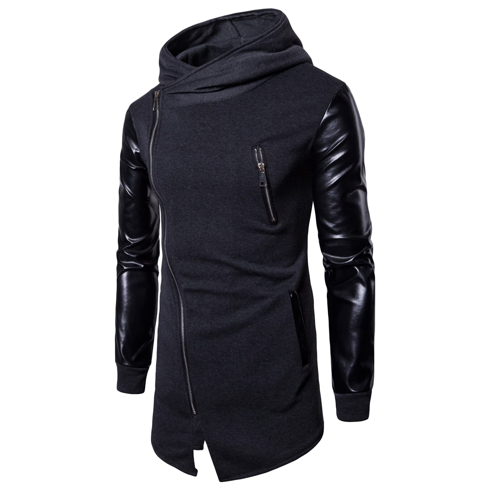 Maiyifu-GJ Men's Asymmetric Zip Irregular Hoodie Faux Leather Motorcycle Hooded Jacket Vintage PU Leather Biker Hoodies Coat (Dark Grey,X-Large)