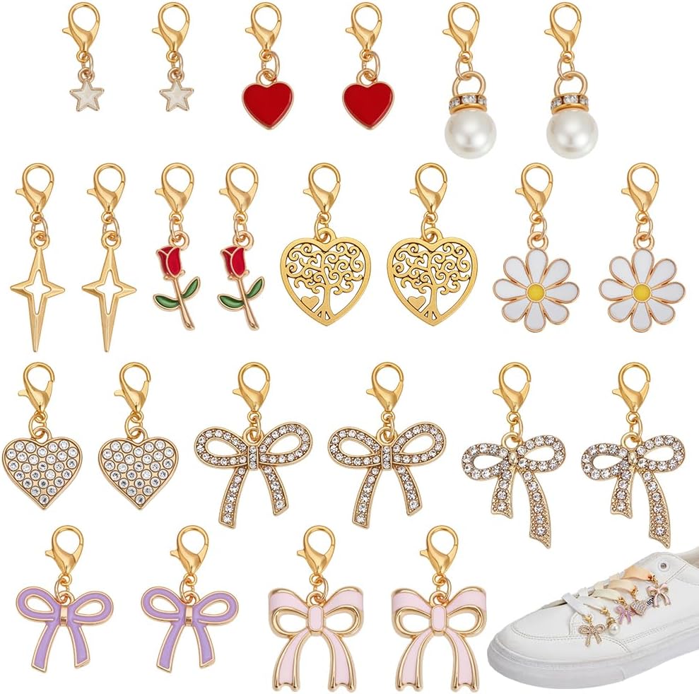 PH PandaHall 48pcs Shoe Charms for Sneakers Gold Shoes Decoration Charms, 12 Styles Bowknot Flower Heart Shoe Lace Charm for Sneakers Canvas Shoes Boots Keychains Jewelry Making