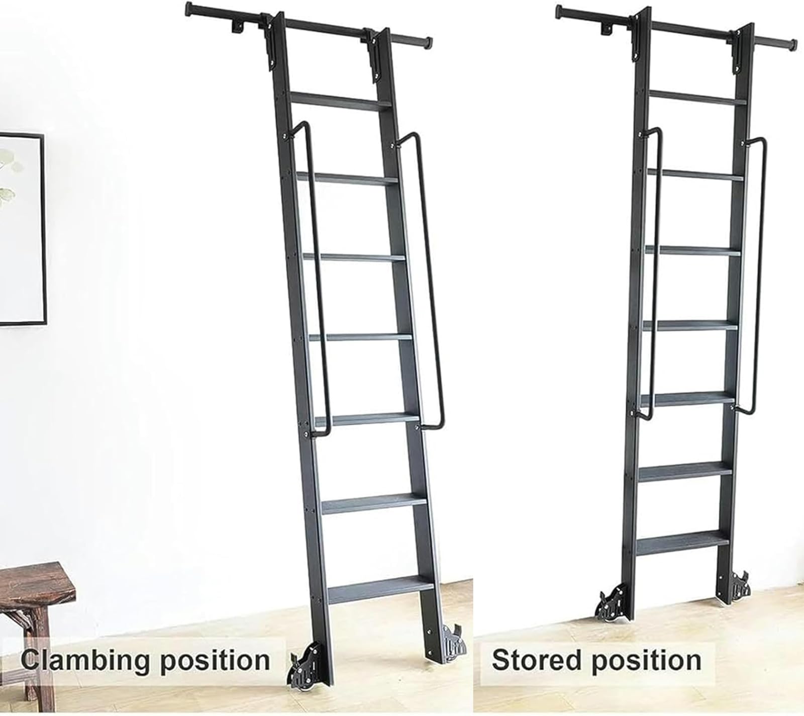 Generisch Rollleiter Vollset Für Bibliothek - Einziehbare Rollende Bibliotheksleiter Mit Bodenrolle Und Bremse Für Zuhause, Innenraum, Loft, Bibliothek (Keine Leiter)(Size:3.3ft/100cm Track Kit)