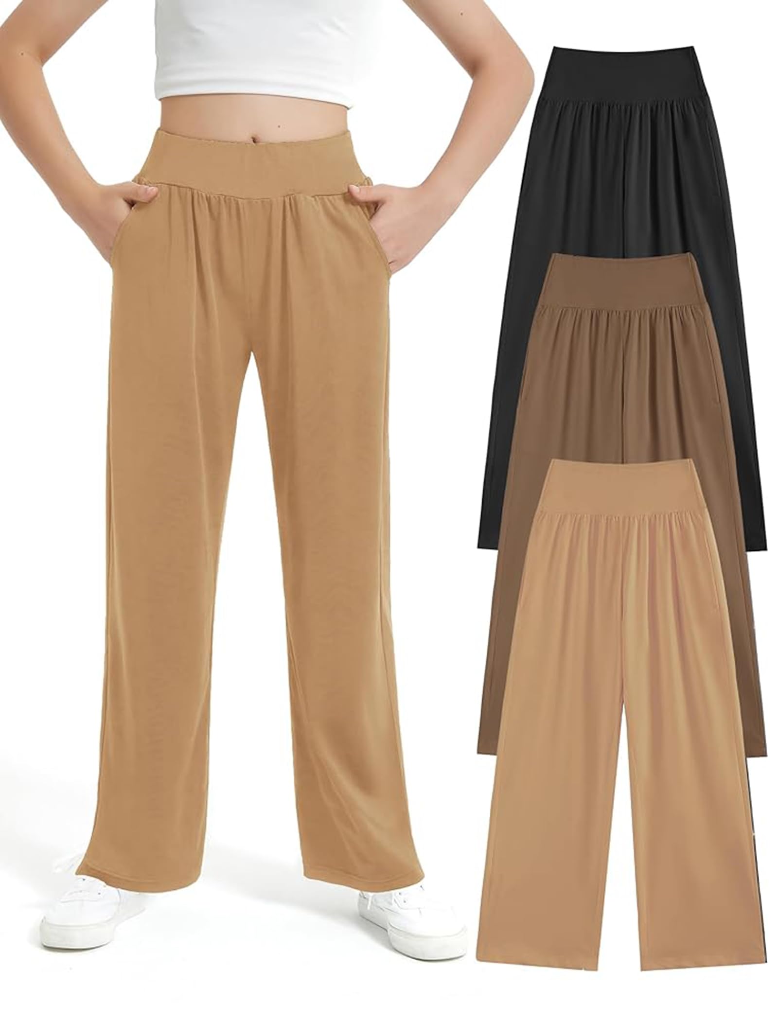 EXARUS 3 Pack Girls Wide Leg Pants Baggy/Tapered Loose Casual School