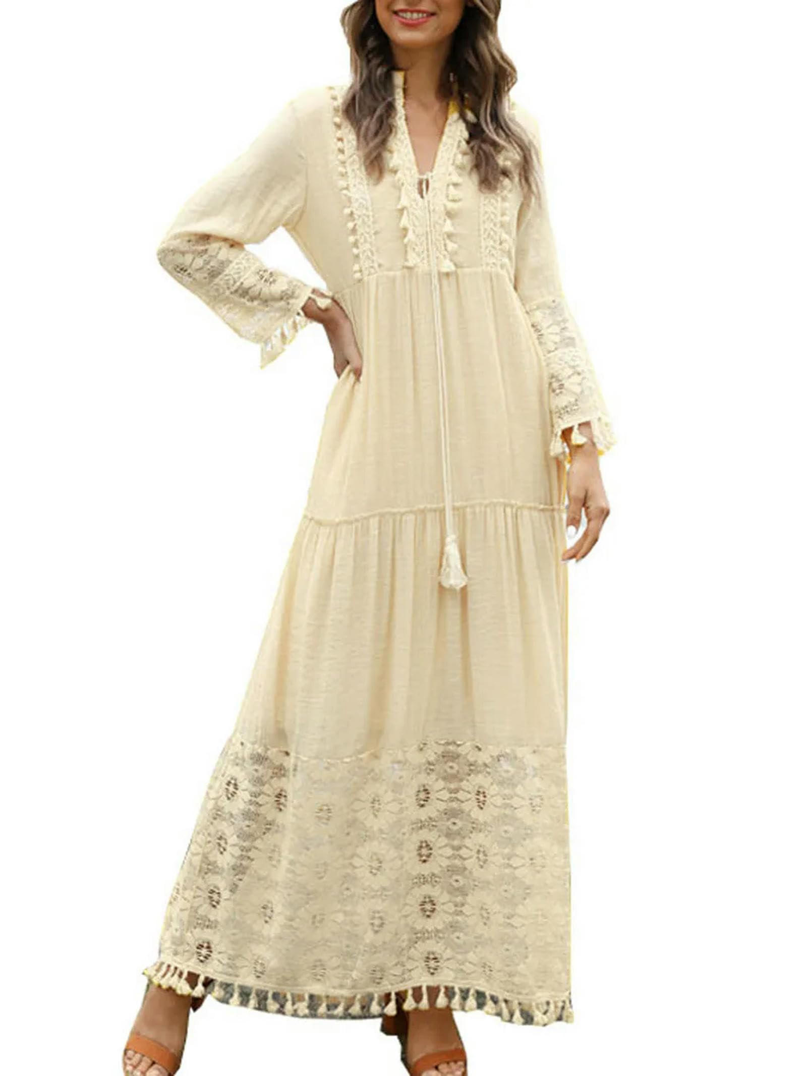 Vestido de Mujer Manga Larga Cuello Cuadrado Volantes Florales Swing A Line.-3-Azul-M