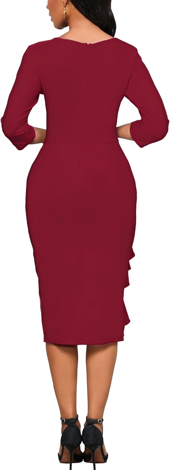 Dresses for Women 3/4 Sleeve Bodycon Ruffle Vintage Wear to Work Pencil Midi Dress - Image 6