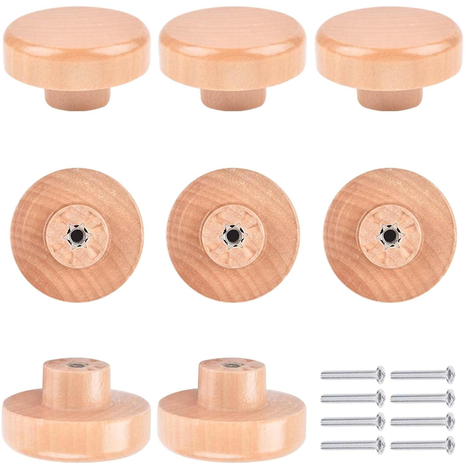 Wooden Drawer Knobs, 8 PCS Wooden Knobs for Dresser, Flat Top Round Wood Drawer Pulls, Wooden Cabinet Knobs with Screw for Drawer Wardrobe Dresser, Cupboard