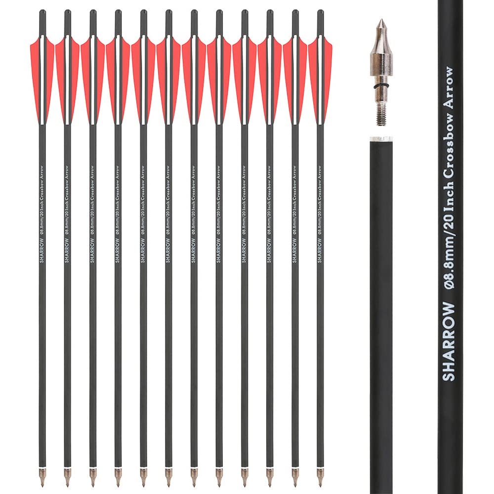 SHARROW Archery Carbon Crossbow Bolts Arrows 16 17 18 20 22 Inch Carbon Arrows with 4" Feathers Replaceable Field Point for Crossbow Hunting Shooting (Type 1: Red, 18")