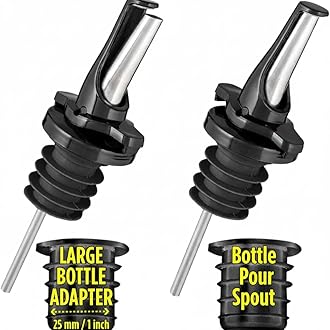 - 3-in-1 Liquor Pour Spout | Olive Oil Spout with Built-in Caps for Optimal Fly and Dust Protection - Dishwasher Safe, Hygienic Alcohol Speed Spouts - Black 2 PCs with 2 Adapters for Large Neck Bottles