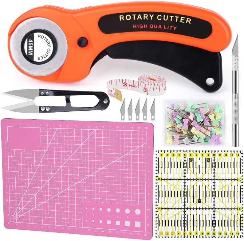 LMDZ 45mm Rotary Cutter Kit & Cutting Mat & Positioning Pins & Engraving Knife With 5 Extra Blades And Other Leather Craft Tools