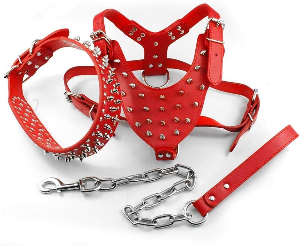 Leather Dog Harness Spiked Studded Dog Pet Collar Harness and Chain Leash Set for Medium Large XLarge Breeds Pitbull Mastiff Gold Spikes XL