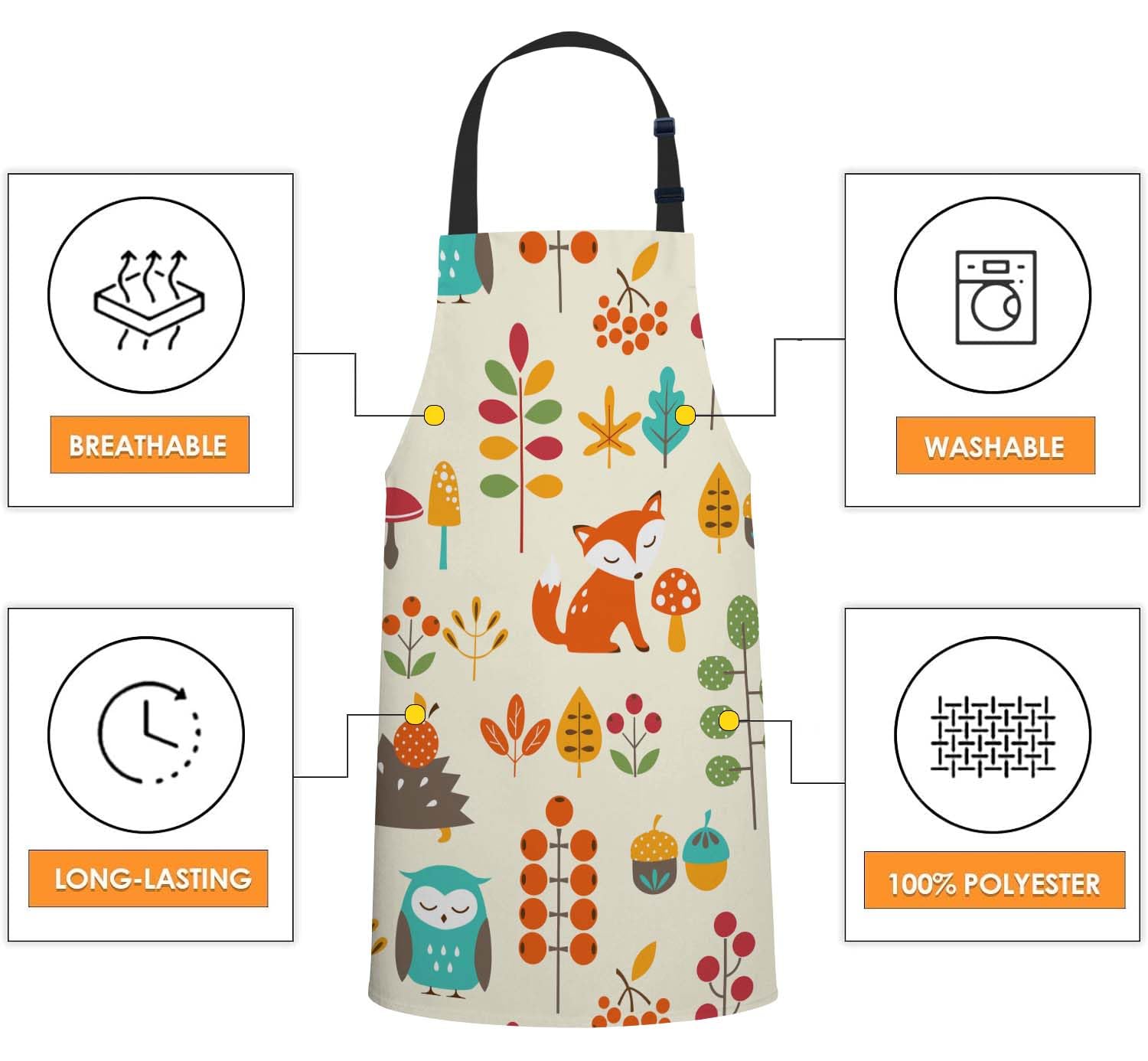 Smooffly Autumn Pattern with Cute Animals Apron Unisex Adjustable Bib Apron Cooking Kitchen Chef Women Men Aprons for Home Kitchen Restaurant,Coffee House,Shop,Garden - Image 4