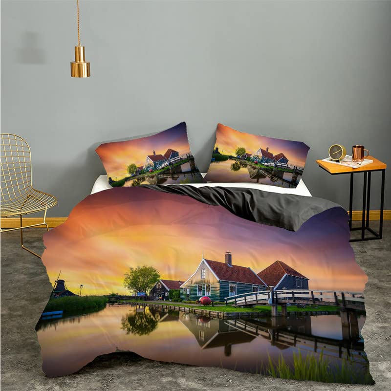 Housse de couette 240x260 coucher de soleil en microfibre avec 2 taies