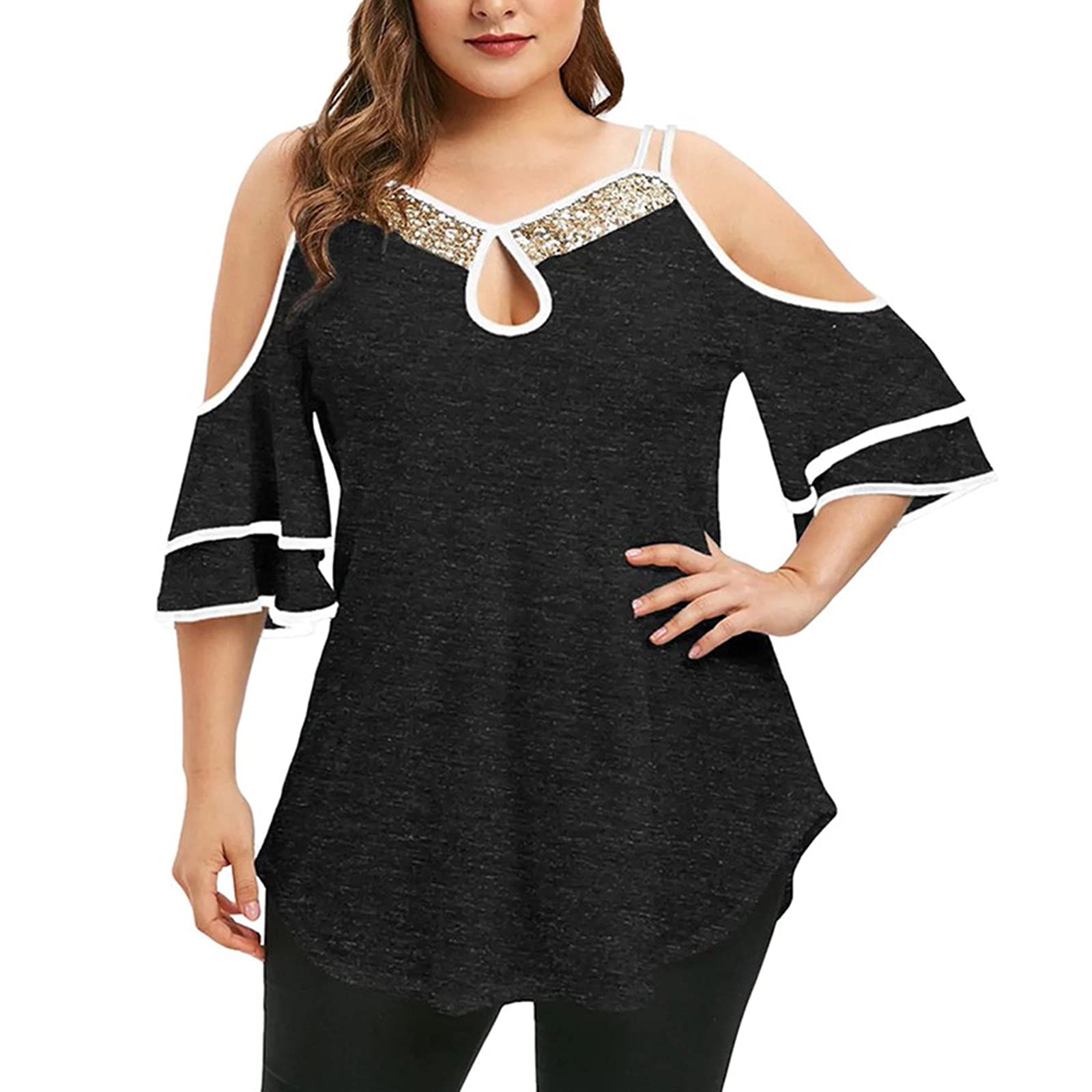 Xia&Han Womens Plus Size Loose Comfy Tops Keyhole Front Tiered Ruffle Short Sleeve Cold Shoulder T Shirt Blouse Black, XX-Large