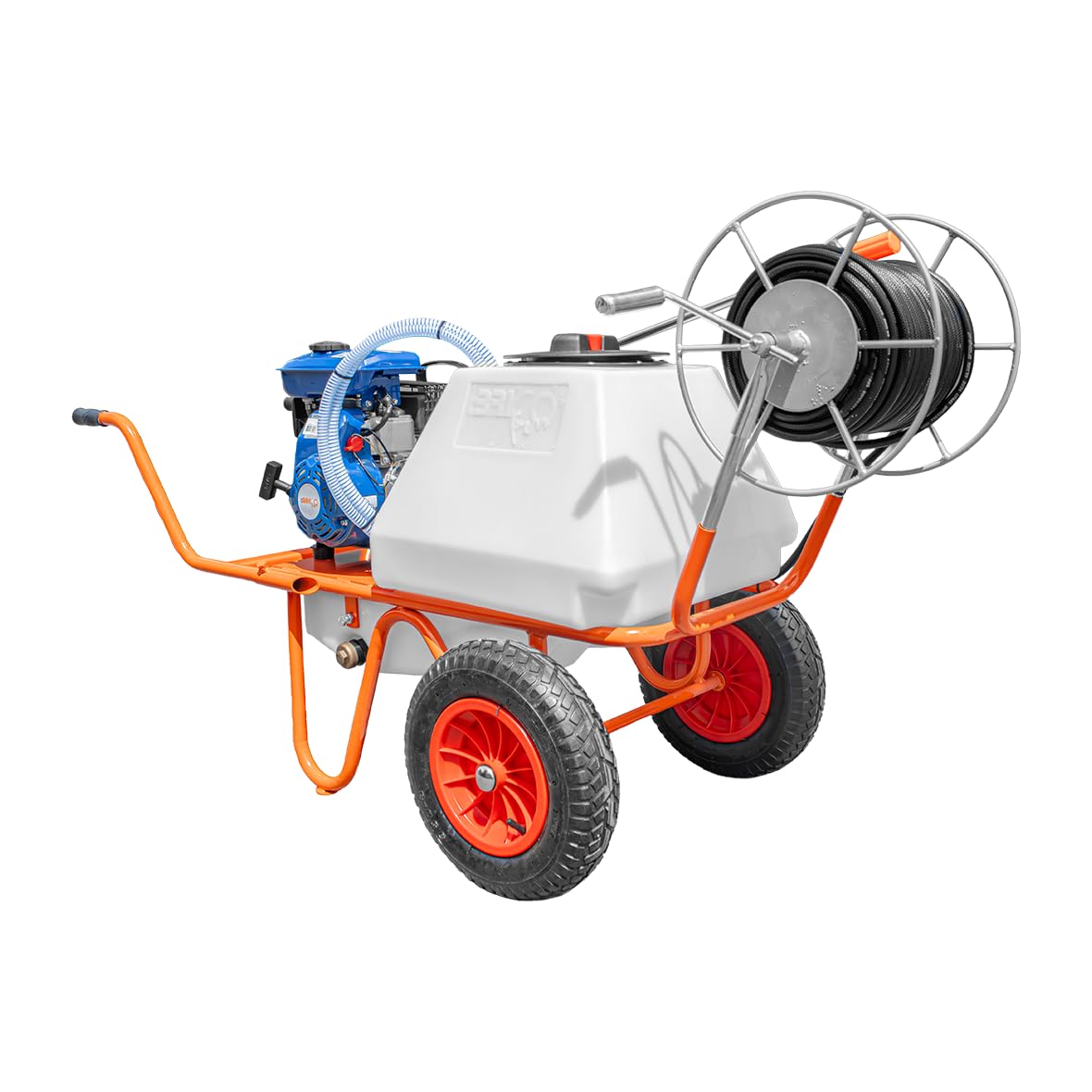 Bricoferr Carretilla sulfatadora de 2 Ruedas 80cc 80L con Manguera de 50 Metros y Lanza de 90 cm