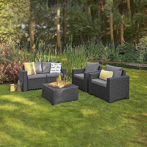 Mondo Viro - Juego de sala de estar de jardín California de resina ratán mesa sofá sillón con cojines (juego de mesa, sillón y sofá)