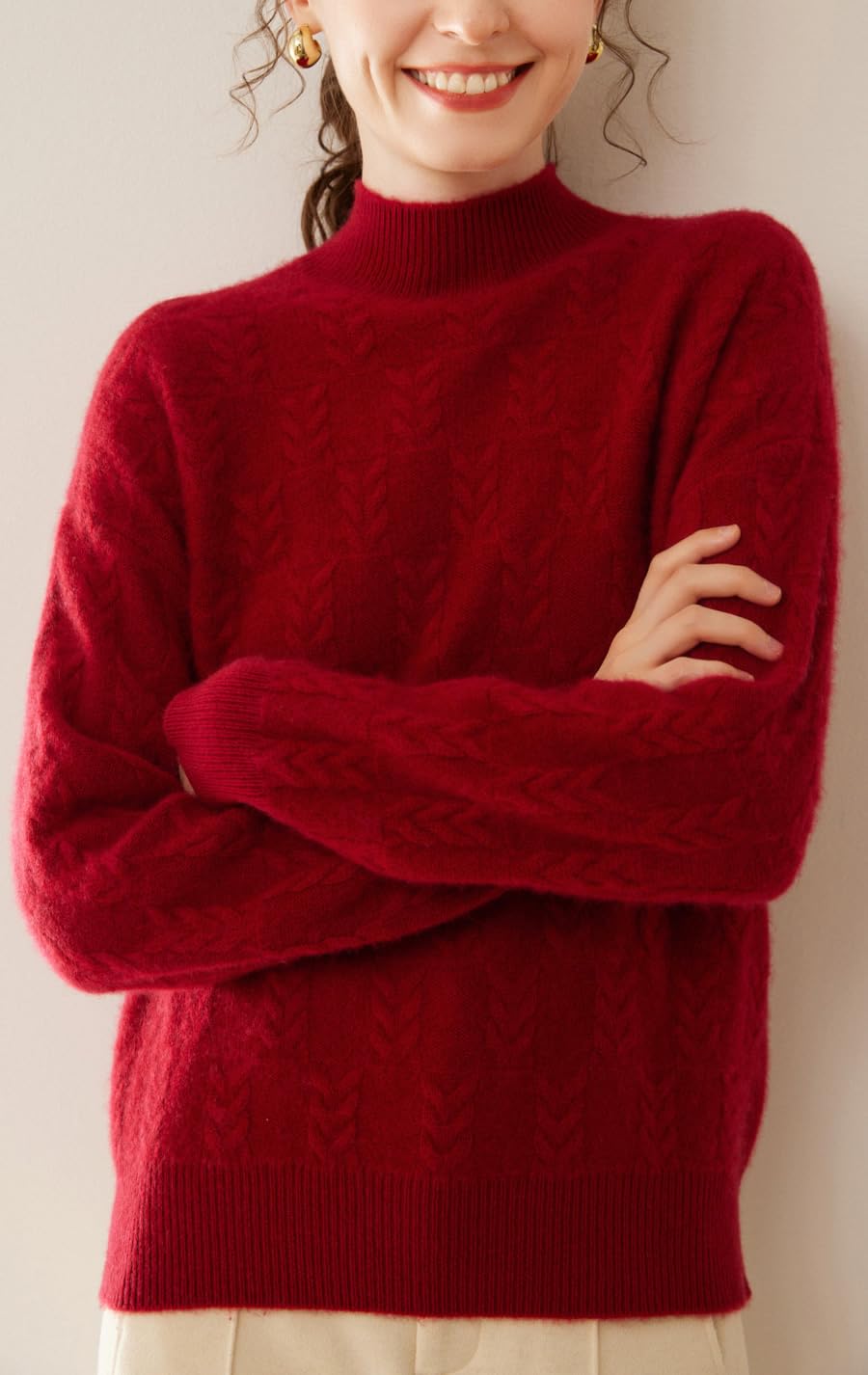 DISSA DF8098 - Maglione da donna in cashmere con colletto alto, a maniche lunghe, in lana di cashmere, motivo a treccia