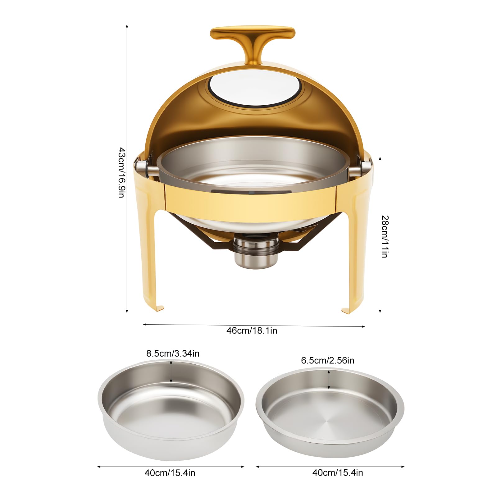 WUSILILU 6QT Gold Round Chafing Dish Buffet Set,201 Stainless Steel Buffet Warmers Set w/Thick Frame,Roll Top Buffet Warmer for Catering Party Wedding