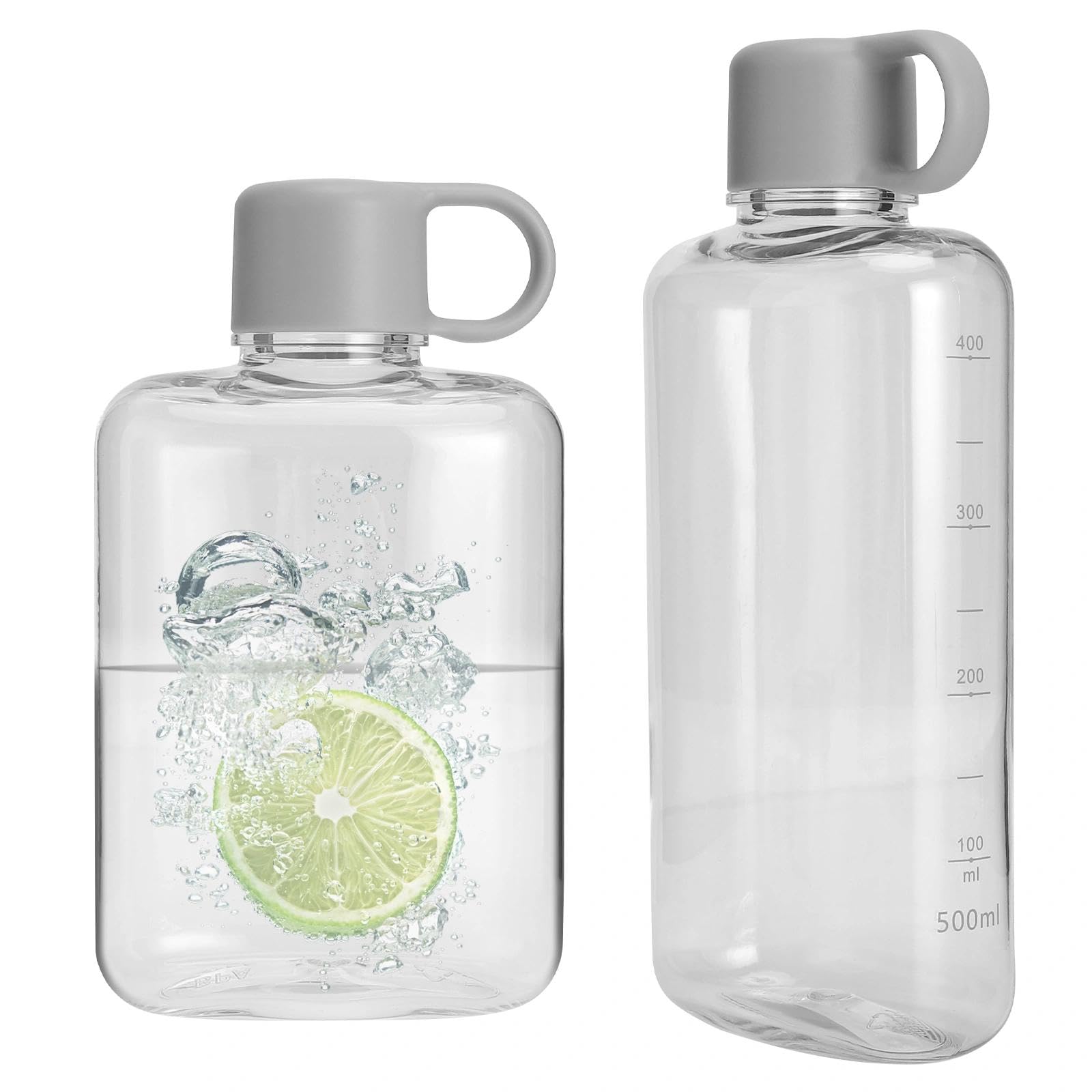 APOMOONS Płaska butelka na napoje do torby i plecaka, 360 ml + 500 ml, płaska butelka na wodę z tritanu, zabezpieczona przed wyciekiem, mała, ze skalą i uchwytem, szara