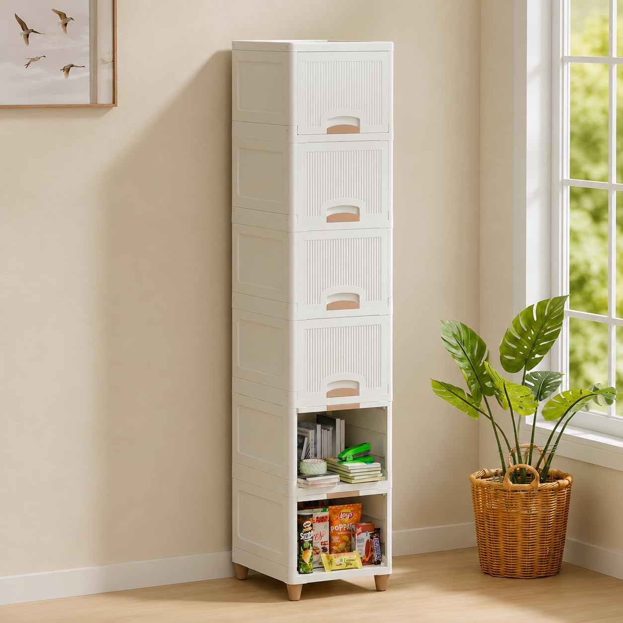 Plastic Wardrobe for Clothes, Multipurpose Storage Cupboard Organizer Almirah with Shelves for Bedroom, Kids Room, Home & Office, (White Drawer) (6 Layer)-image-34