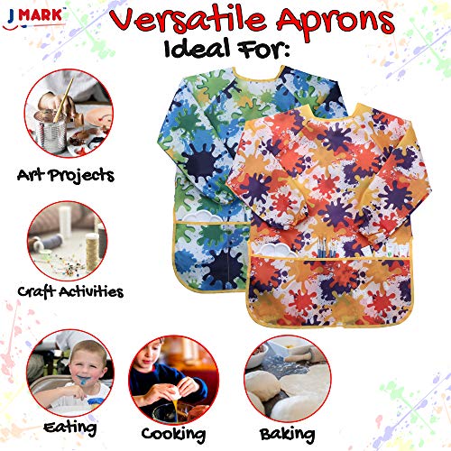 J Mark Kids Art Smock - (Pack Of 2) Painting Apron Long Sleeve And 2 Pockets For Baking, Eating, Arts & Crafts-Waterproof Artist Paint Shirt #TOP5