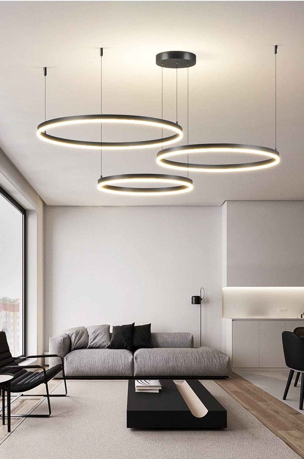 Moderne LED Pendelleuchte, 3-Ringe Kollektion, Black Farbe, Verstellbarer HäNgeleuchter, Moderne Deckenleuchte, mit Fernbedienung Dimmbar, 3000k - 6000k, mit Speicherfunktion, 68w