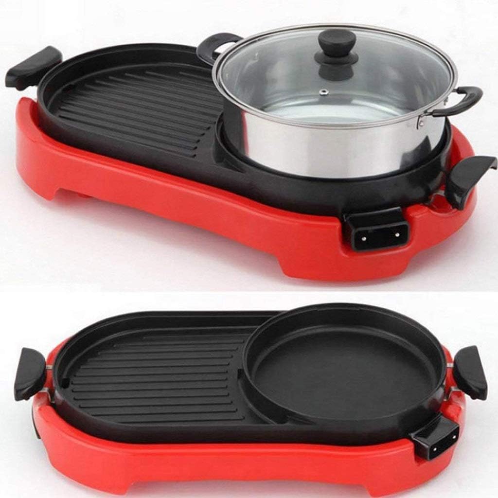 Portable Electric Grill with Hot Pot，Indoor Teppanyaki Pot with Divider Separate Temperature