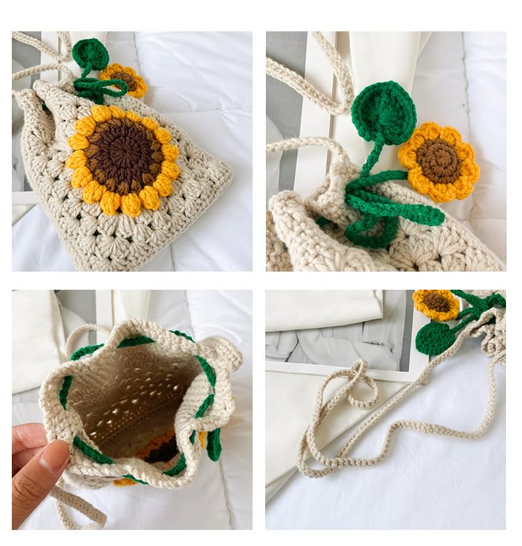 Handmade Sunflower Crochet Bag Knitted Shoulder Phone Bag Crossbody Bag Beach Women Messenger Shoulder Bags Girls Woven Purse3