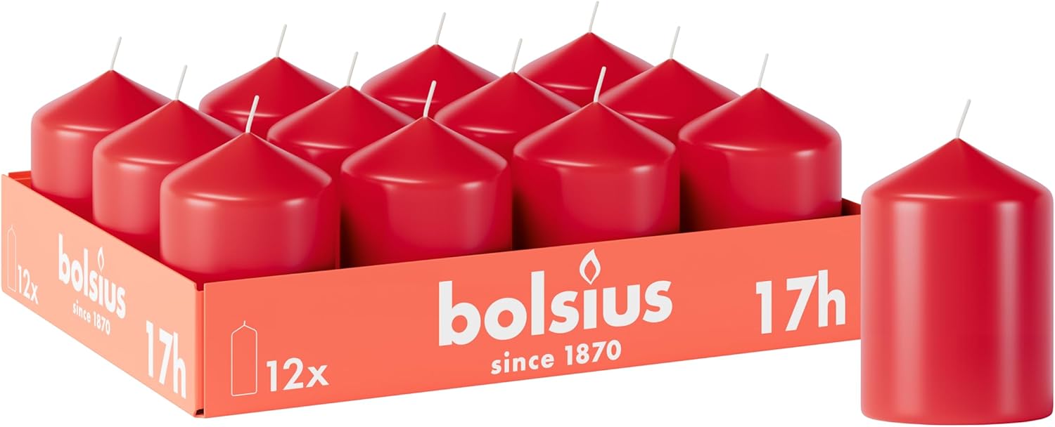 Bolsius Smooth Pillar Candles - Burgundy - Pack of 12-15 x 7 cm - Decorative Household Candles - Burning Time 42 Hours - Unscented - Contains Natural Plant Wax - Without Palm Oil