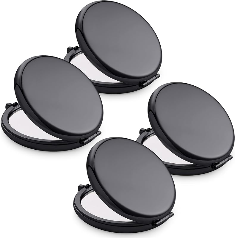 Espelho compacto redondo MLLXX com estrutura metálica, dupla face 1X/2X, preto, pacote com 4