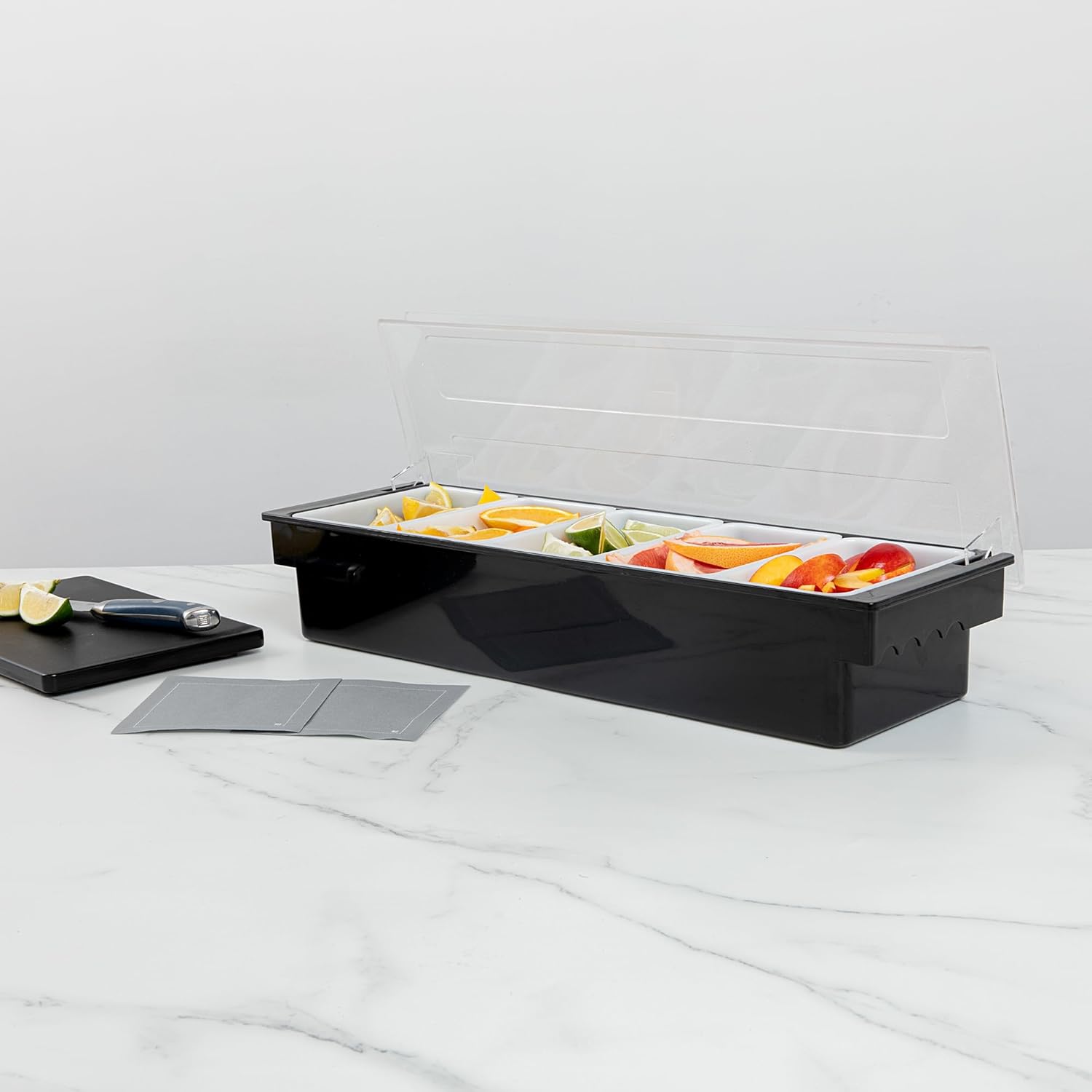 Restaurantware Bar Lux 19.6 x 6.3 x 3.7 Inch Condiment Caddy 1 Durable Bar Caddy - 5 Removable Compartments Built-In Lid Black Plastic Condiment Holder For Restaurant Store Cocktail Garnish