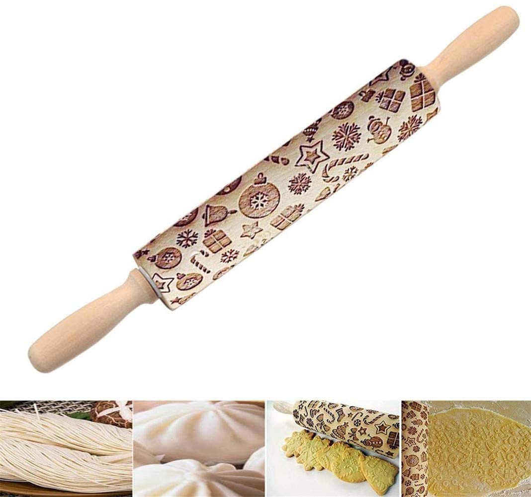 Christmas Wooden Rolling Pins, Xmas 3D Reindeer Shape Decor Embossing Rolling Pin,Christmas Patterned Rolling Pin Baking Tools (Christmas Elements) - Image 3