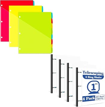 INFUN 24 PCS 8-Tab Plastic 2 Pockets Binder Dividers + 1 INCH Telescoping 3 Ring Binder with Customizable Front Cover - 4 PCS -White