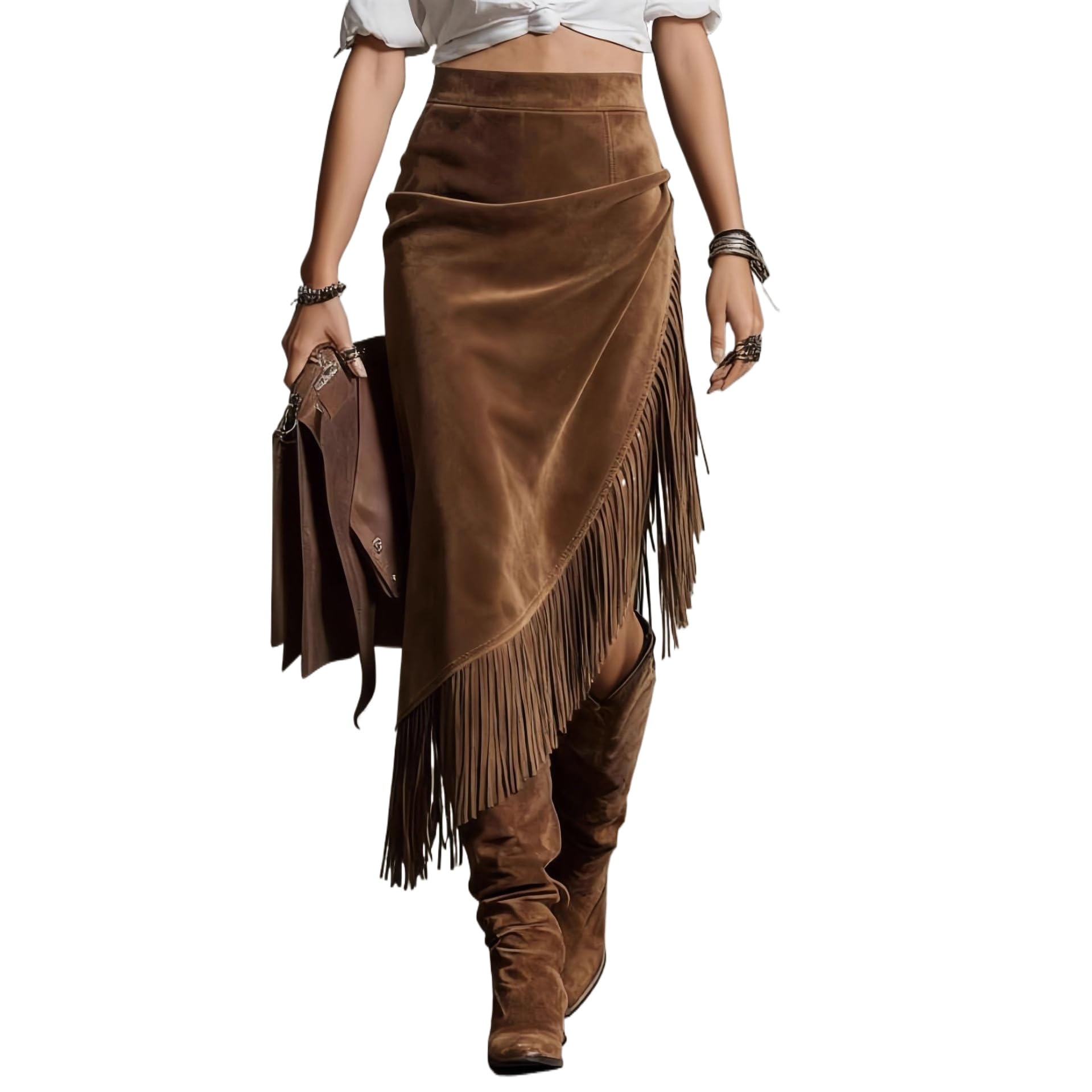 Womens Asymmetric Fringe Skirt Western Cowgirl Tassel Faux Suede Bodycon Skirt