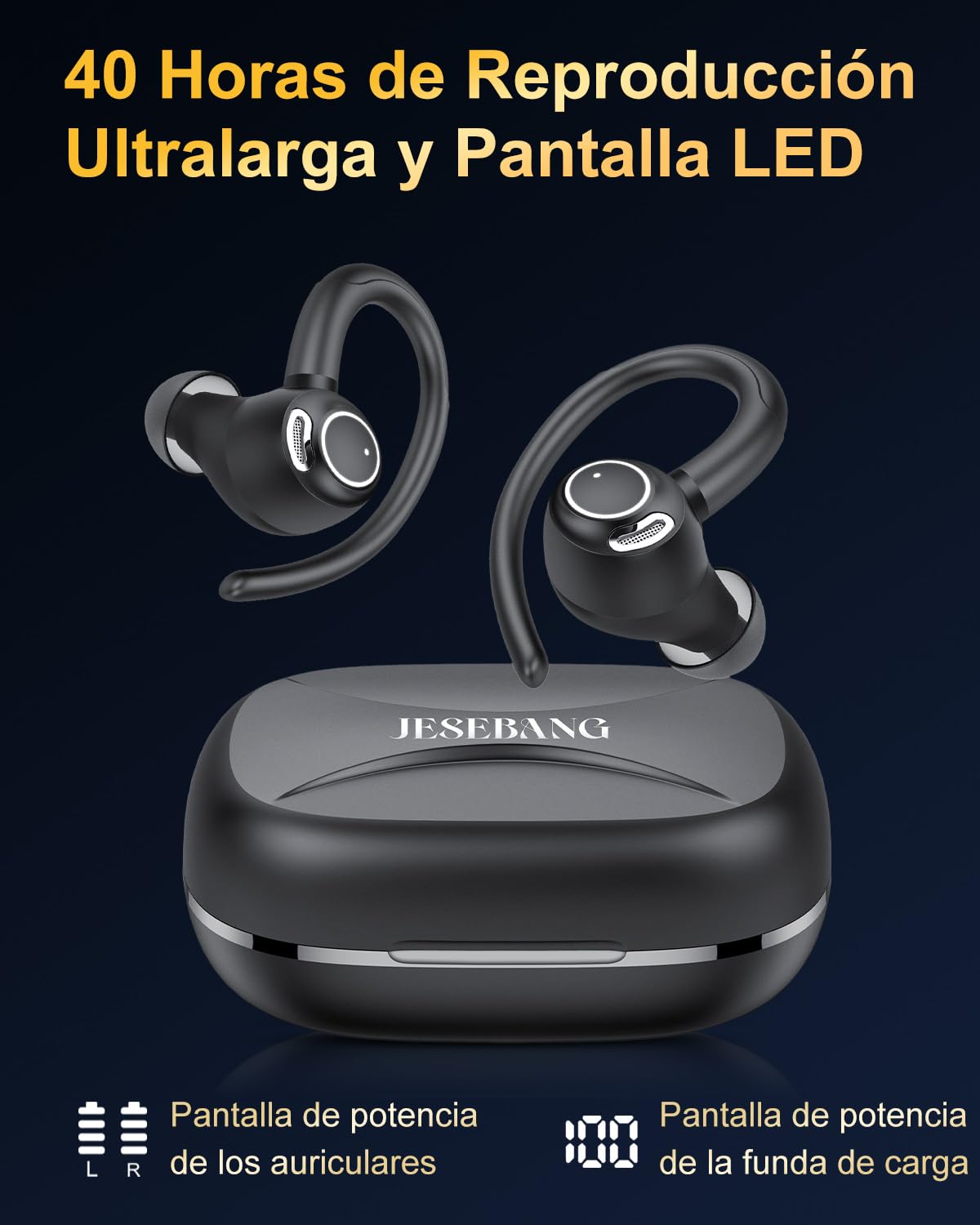 Jesebang Auriculares Inalámbricos Deportivos, Auriculares Bluetooth 5.3 con HD Micrófono, Sonido Premium, 40H de Reproducción, Pantalla LED, Cómodos de Llevar, Cascos Inalambricos con Gancho, Negro