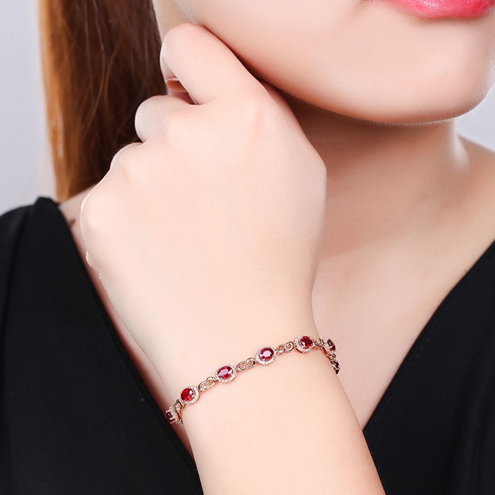Bracciali Oro Rosa Donna 18k/14k/9k, Bracciale Rubino Sintetico Donna 3.2ct 16-18 cm Estensione 4 cm con Moissanite, Braccialetto da Sposa Fidanzati