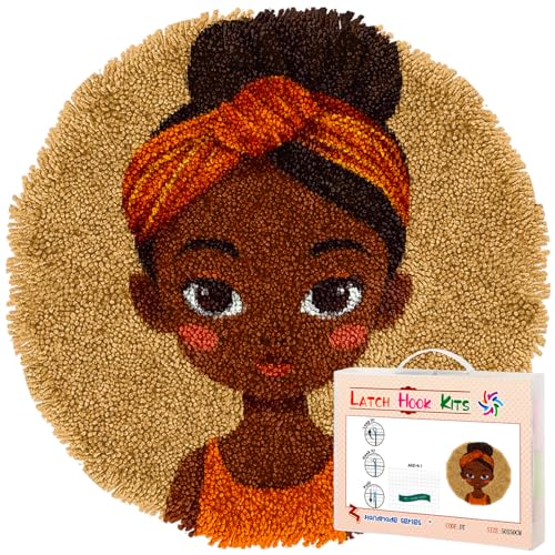 Latch Hook Rug Kit Little African Girl Stamped Handmade Round Shape Carpet Crochet Yarn Craft DIY Hook and Latch Door Mat Tapestry for Christmas Home Floor Decor 50x50cm(1)