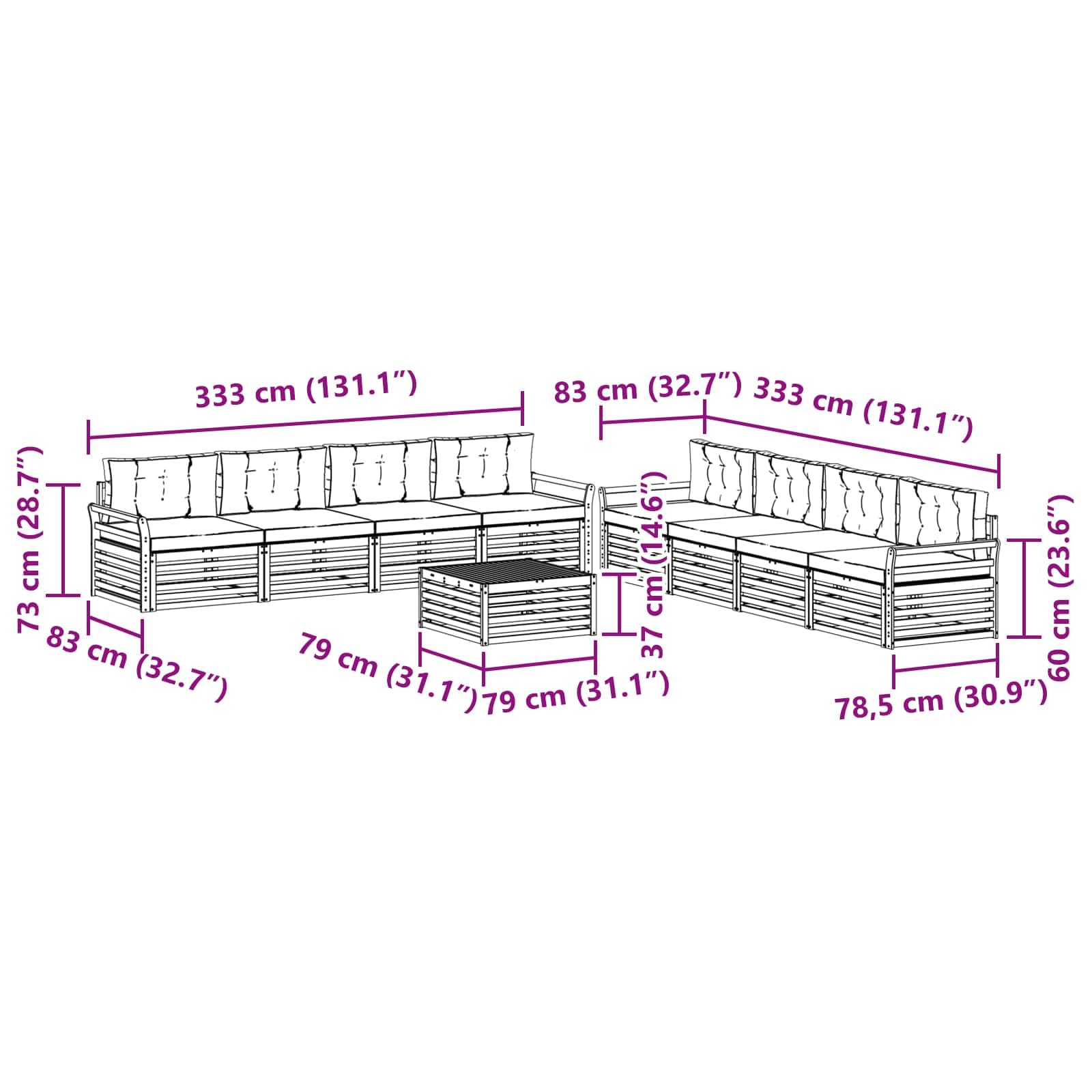 Gartenmöbelgarnitur mit 9 Teilen aus massivem Akazienholz für Terrasse und Balkon wetterfestes Sitzgruppen-Set mit modularen Sofas und Tisch für modernen Außenbereich