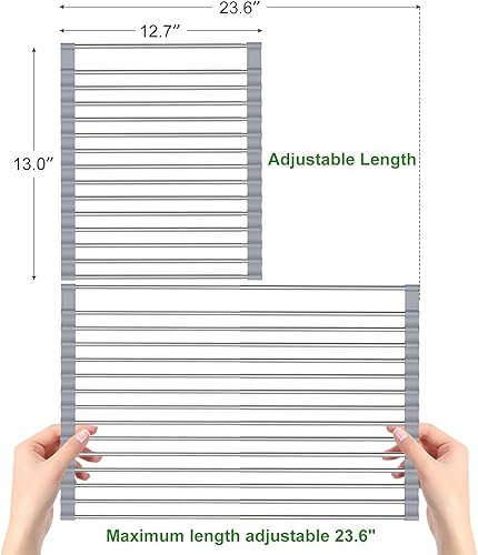Miniatura 10 de Escurridor de platos expandible hasta 23.6 pulgadas, escurridor de platos enrollable sobre el fregadero, escurridor multiusos de acero inoxidable