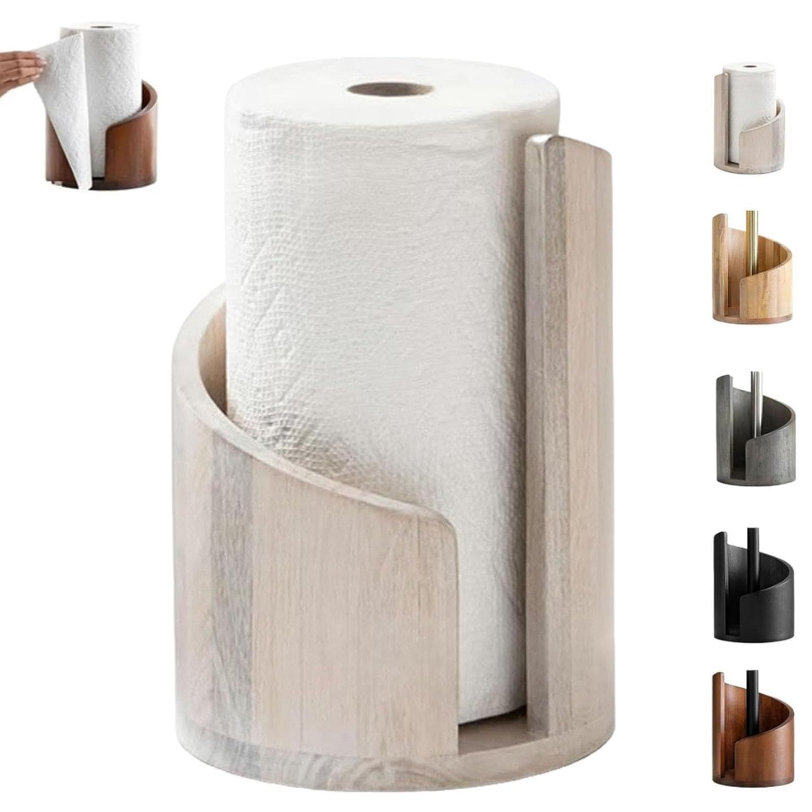 Mountain Paper Towel Holder ，Round Wooden Kitchen Roll Holder Free Standing Countertop Standing Rolls Hold With Sturdy Anti-Slip BaseFor Kitchen, Toilet, Pantry And Bathroom (White)