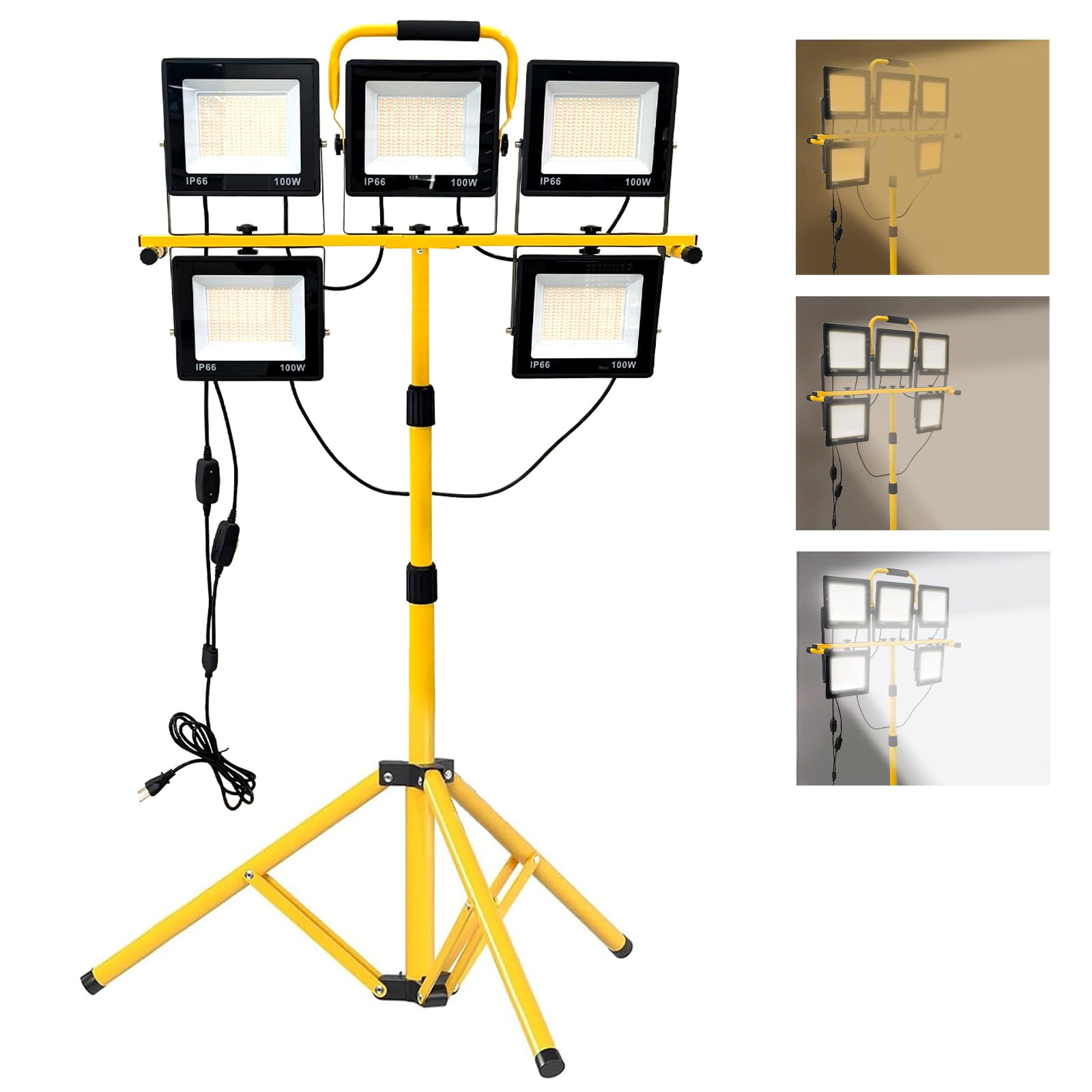 50000LM LED Work Light with Stand, 5-Head Tripod Work Light with 3000K-6500K Dimmable, 3 Modes Portable Light for Construction Site, Garage, Workshop, Job Site, Emergency Lighting | IP66 Waterproof | Portable Flood Light
