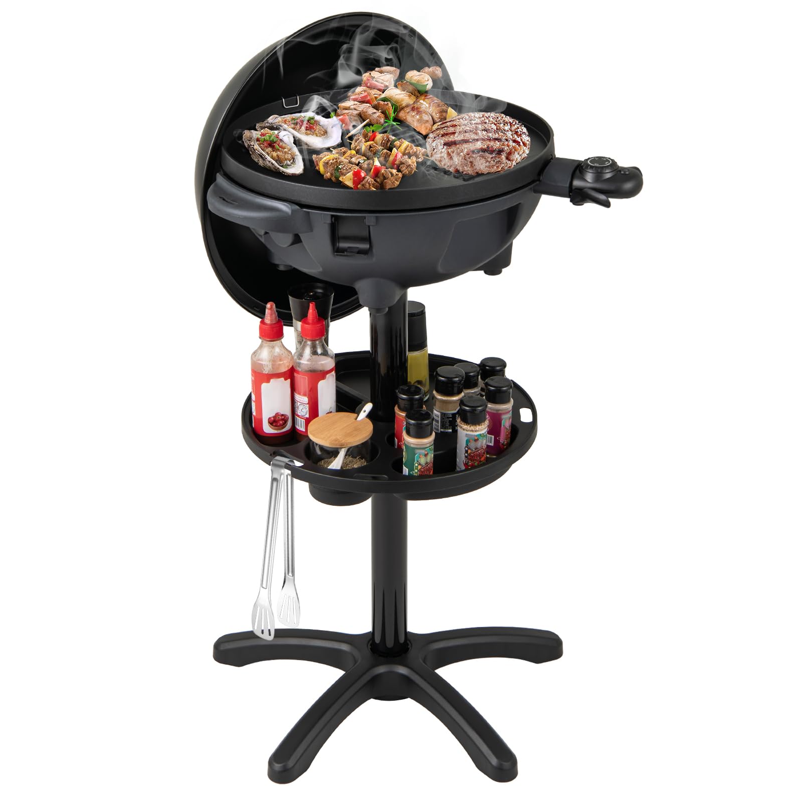 COSTWAY Barbecue Electrique Extérieur 1200 W, Plaque de Cuisson Antiadhésive à 2 Zones Température Réglable Support Amovible Etagère à Condiments, pour Balcon Terrasse Jardin