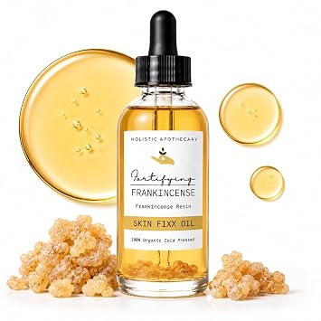 Fortifying Frankincense Resin-Infused Face Oil 100% Organic Black Seed, Rosehip, Castor Oils Cold-Pressed Miracle Facial Moisturizer Hydration. Visible Frankincense Resin Tears inside Glass Bottle