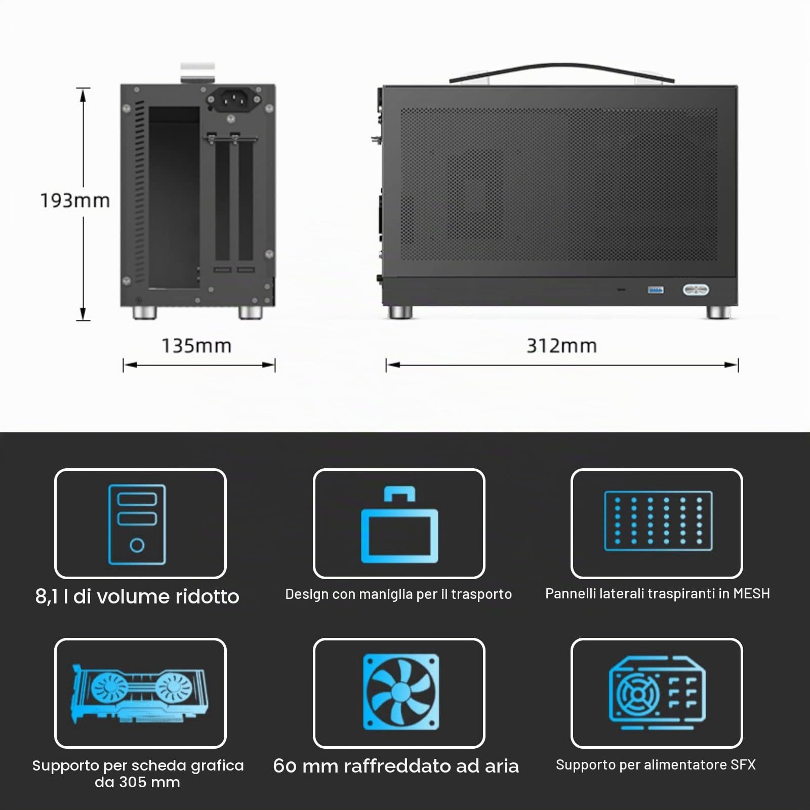 S300 - Mini-ITX PC Gaming Case - Front I/O USB 3.0 Tipo - Porta C - Alimentazione SFX 100-130mm - Sistema di gestione dei cavi - Luminum Mini-ITX Scheda madre Small Portable PC Case - Nero