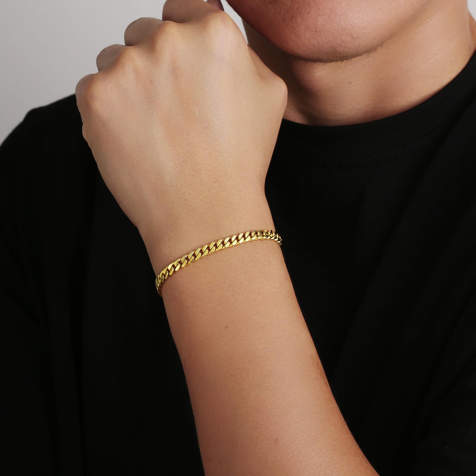 KRKC Herren Schmuck Set, 14K Gold Vergoldet Edelstahl 5mm Cuban Armband 22,9cm & 4mm Cuban Link Chain Halskette 55,9cm, Panzerkette Nickel-frei Rostfrei, Vatertag Geburtstag Geschenk für Männer