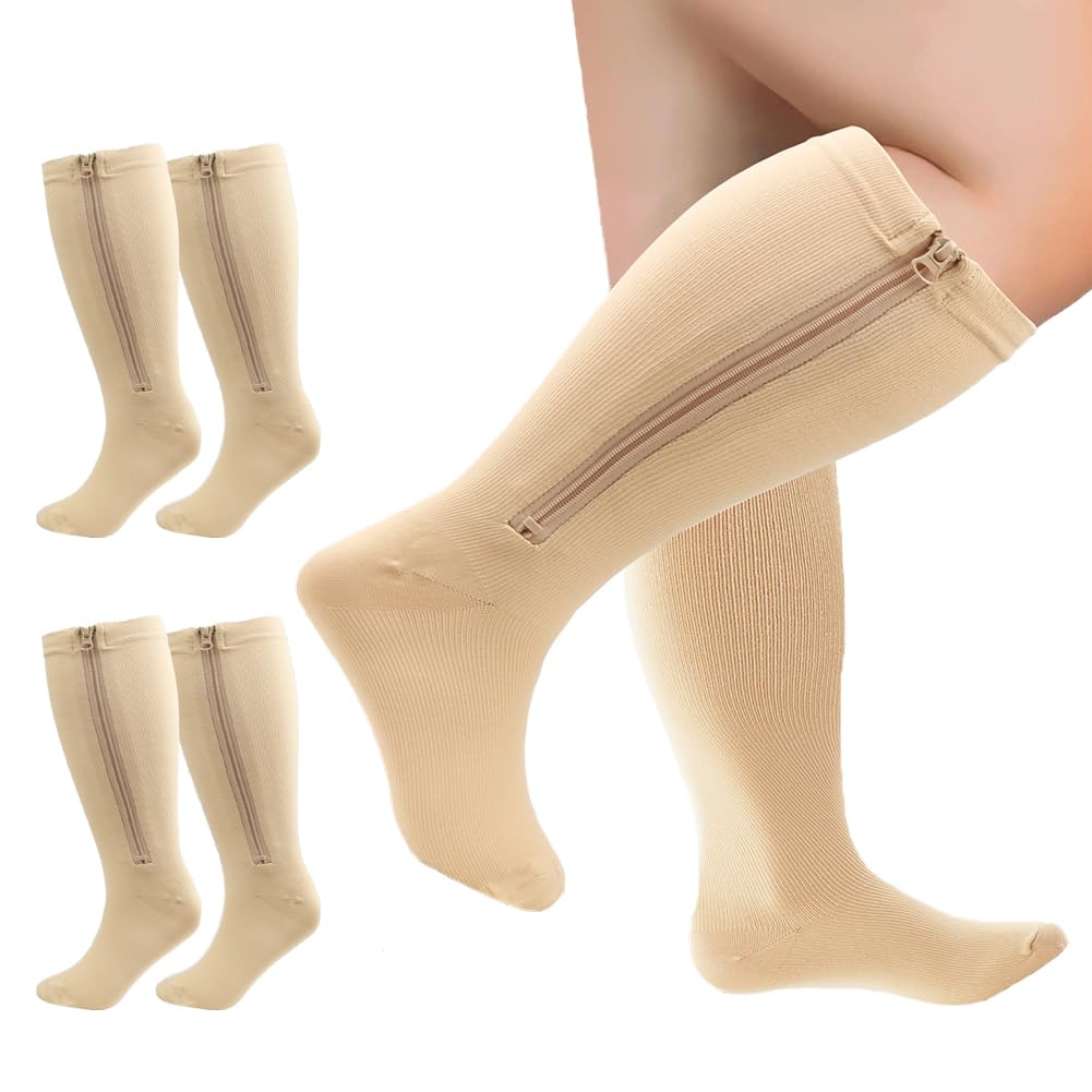 Cheeroyal 2 Pairs Wide Calf Compression Socks Plus Size with Zipper for Overweight Women Men