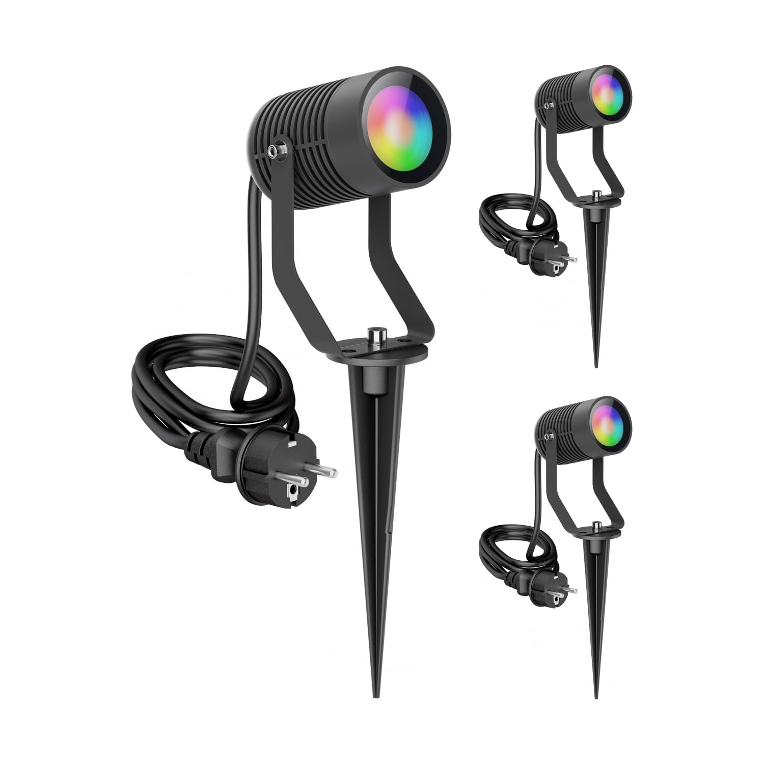 ledscom.de 3 projecteurs de jardin SHINGA avec piquet pour l'extérieur, IP65, prise, anthracite, avec ampoule GU10 RGB, connectés, 473 lm, blanc chaud - blanc froid