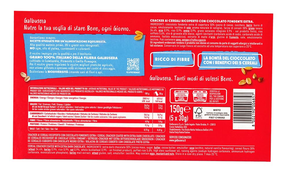 4X Galbusera Cracker ai 5 Cereali Ricoperto con Riso Soffiato e Cioccolato Fondente Extra 150g