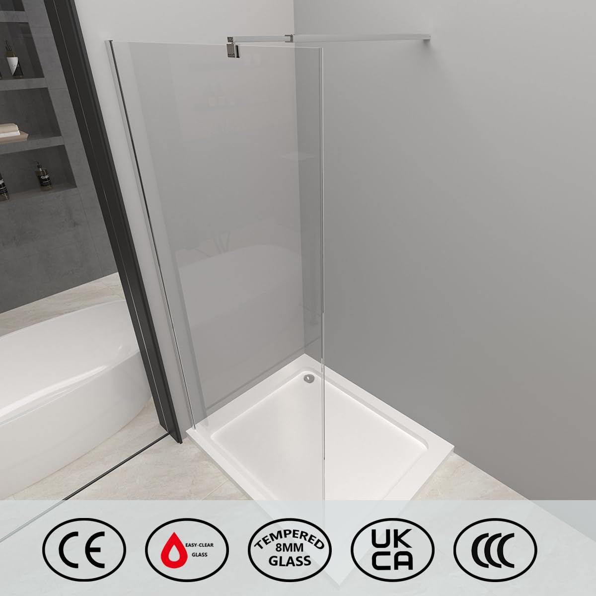 T&K Walk in Duschwand 90x190 cm Chrom, Walk-In Dusche Duschtrennwand Glas, 8 mm gehärtetes Sicherheitsglas beidseitig leicht zu reinigen, Mit einziehbarem Stützbalken